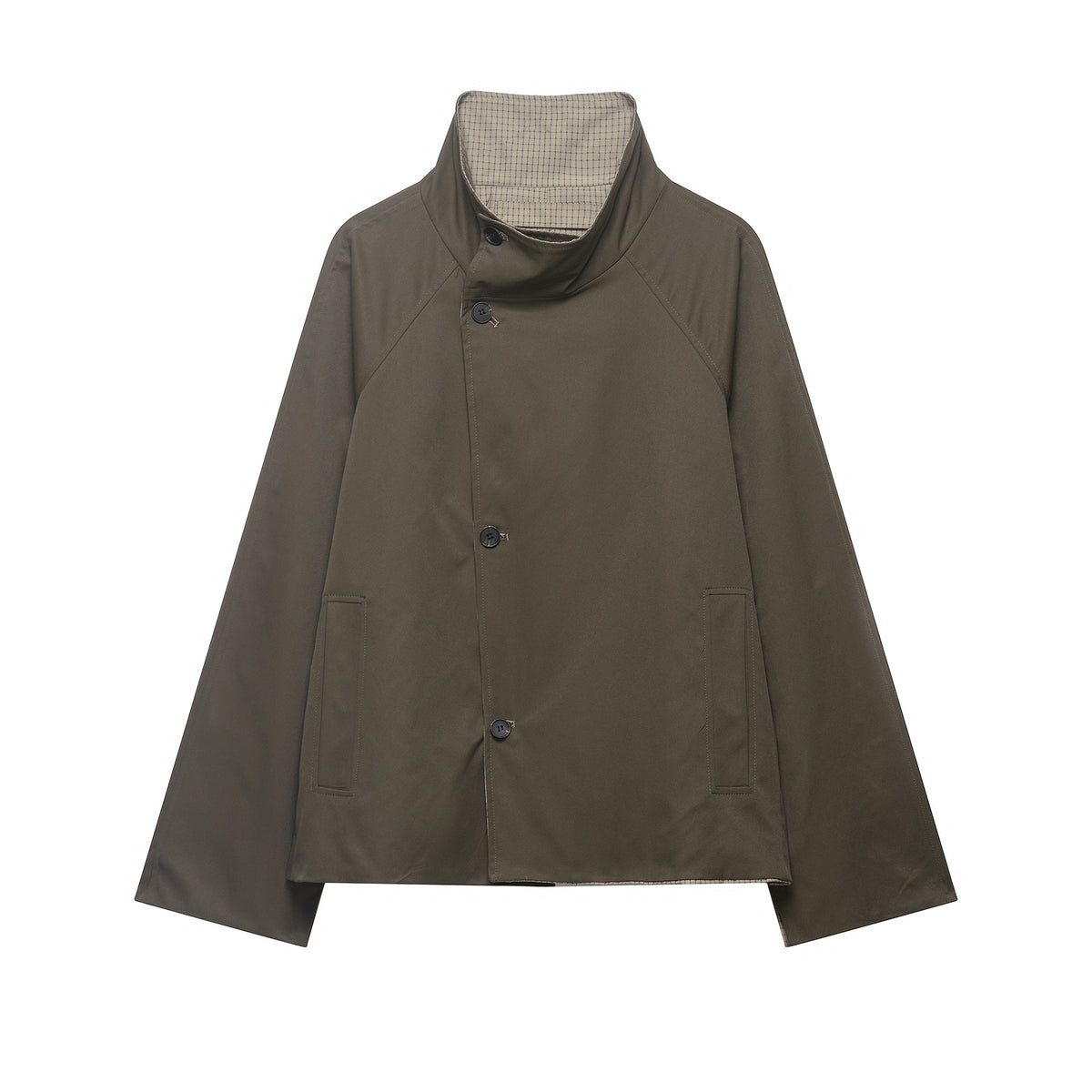 Women's short cape coat with high stand-up collar, concealed button placket and slanted pockets Fashion Glam