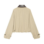 Women's Oversize Boxy Jacket with Check Pattern, Faux Leather Lapel and Drawstring Hem Fashion Glam