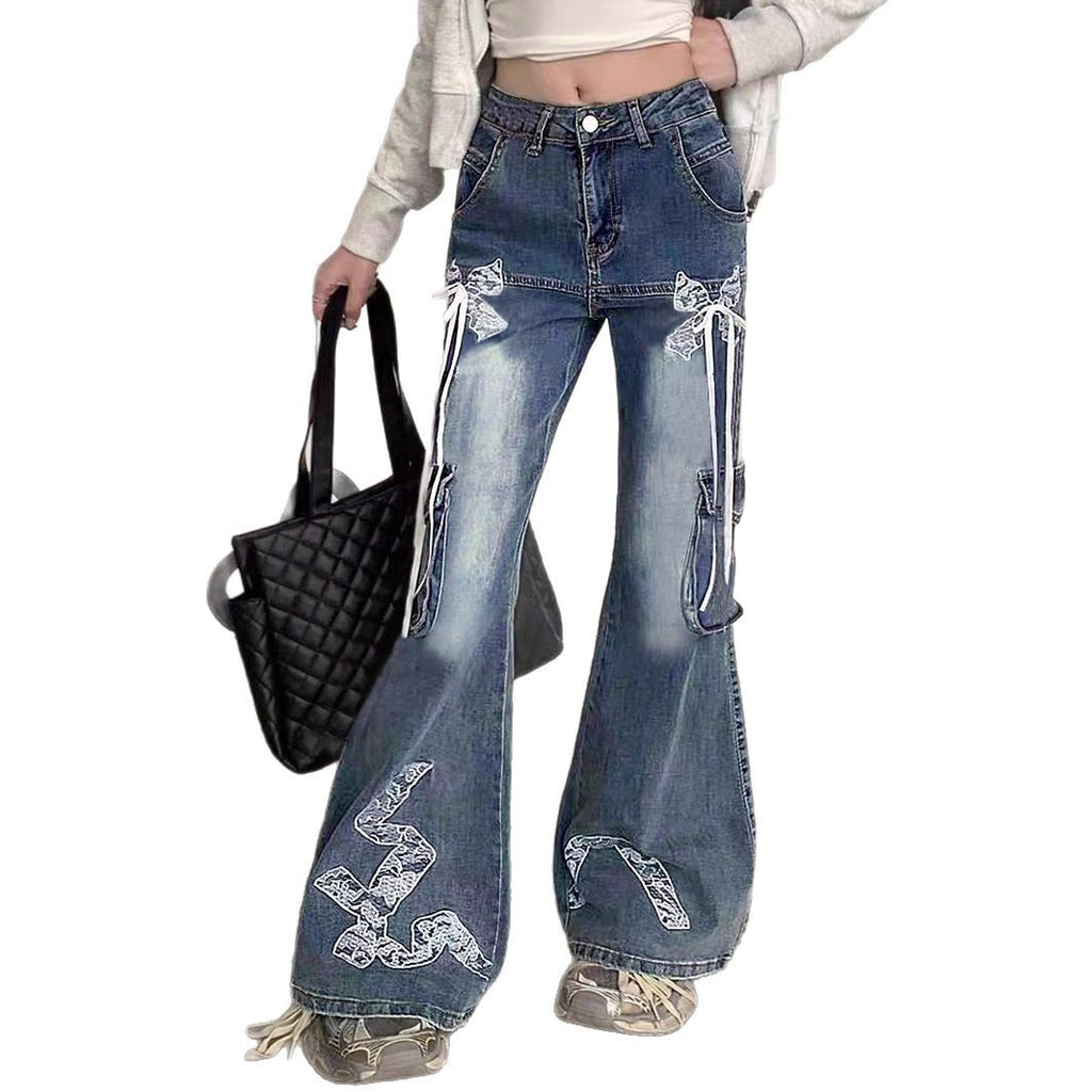 Women's wide flared cargo-style jeans with decorative ribbons, lace appliqués, and multiple pockets Fashion Glam
