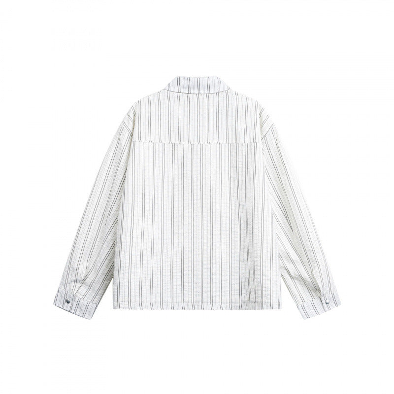 Unisex Striped Overshirt Jacket with Shirt Collar and Concealed Zipper Fashion Glam