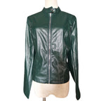 Ladies fitted faux leather biker jacket with stand-up collar and decorative seams Fashion Glam