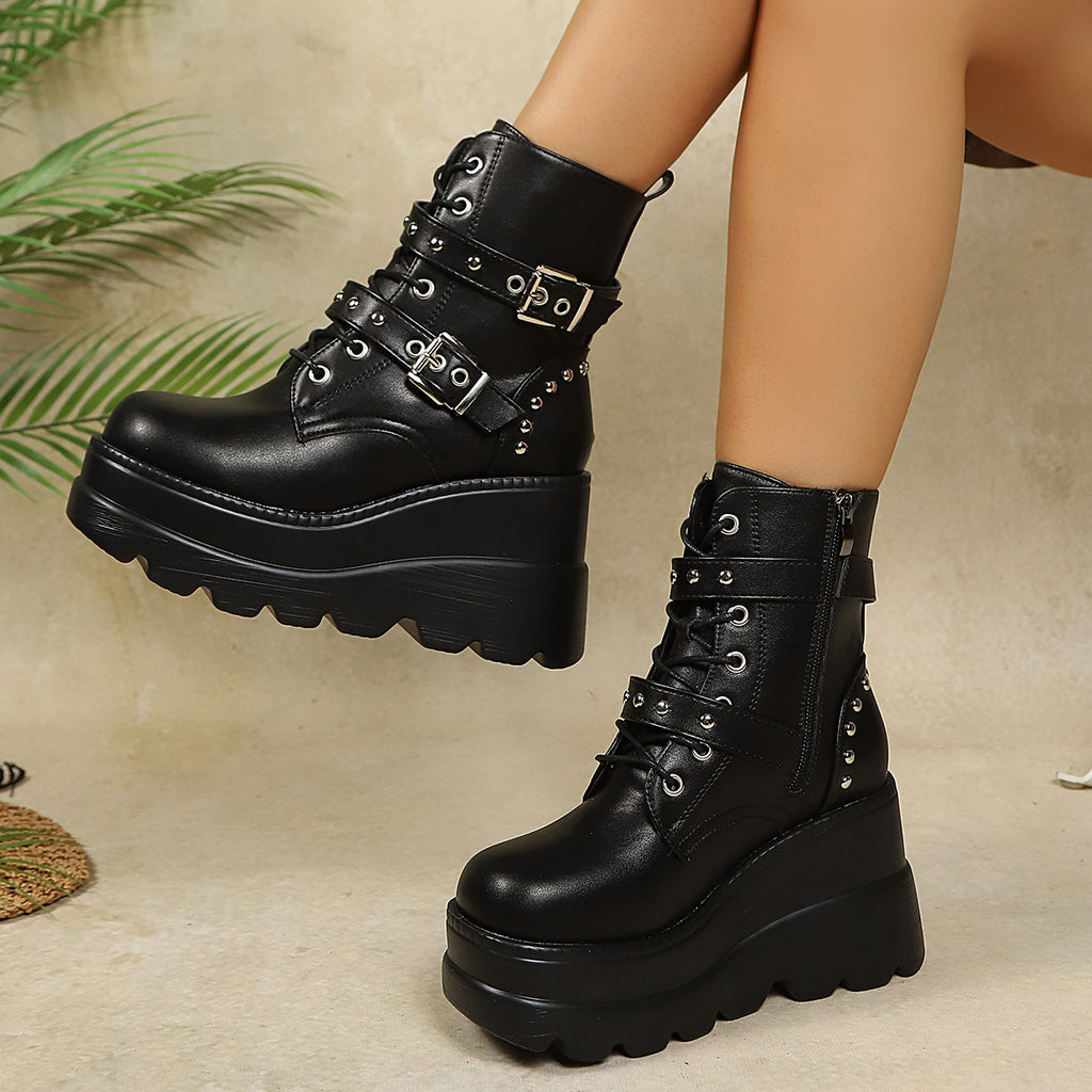 Ladies Padded Platform Biker Ankle Boots with Buckles and Studs Fashion Glam