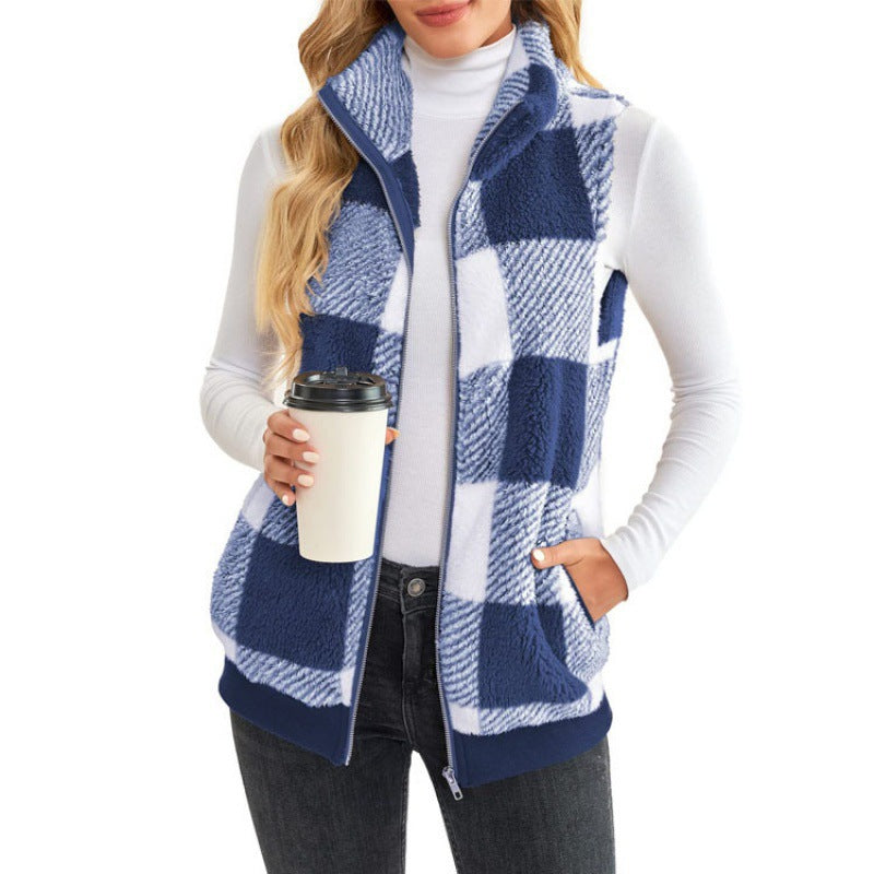 Ladies Checked Teddy Vest with Stand-Up Collar, Zipper and Side Pockets Fashion Glam
