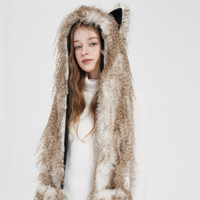 Women's hooded scarf made of luxurious faux fur with ear application and long stola ends Fashion Glam