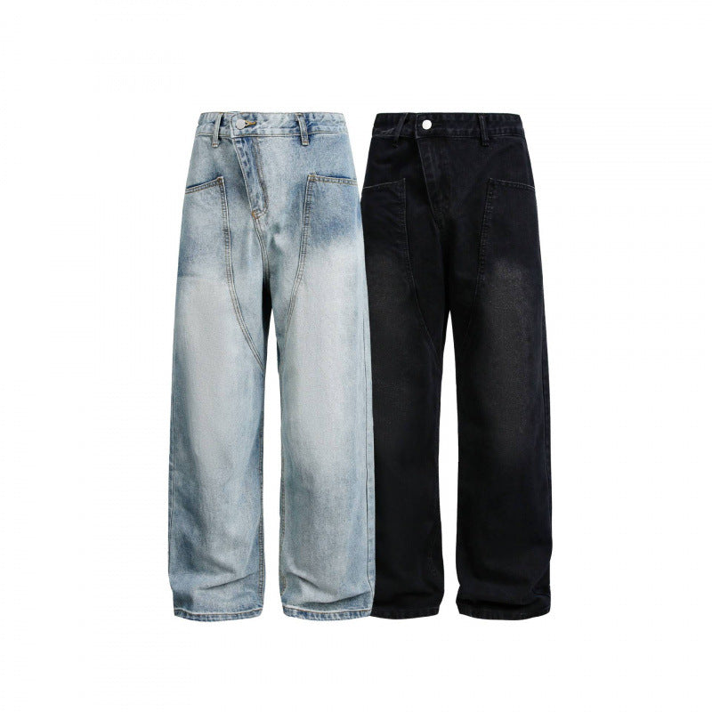 Women's Wide High-Waist Denim Pants with Curved Front Pockets Fashion Glam