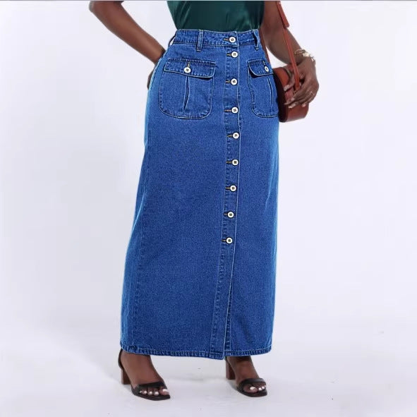 Women's long cut high-waist denim maxi skirt with a continuous button placket and patch pockets Fashion Glam