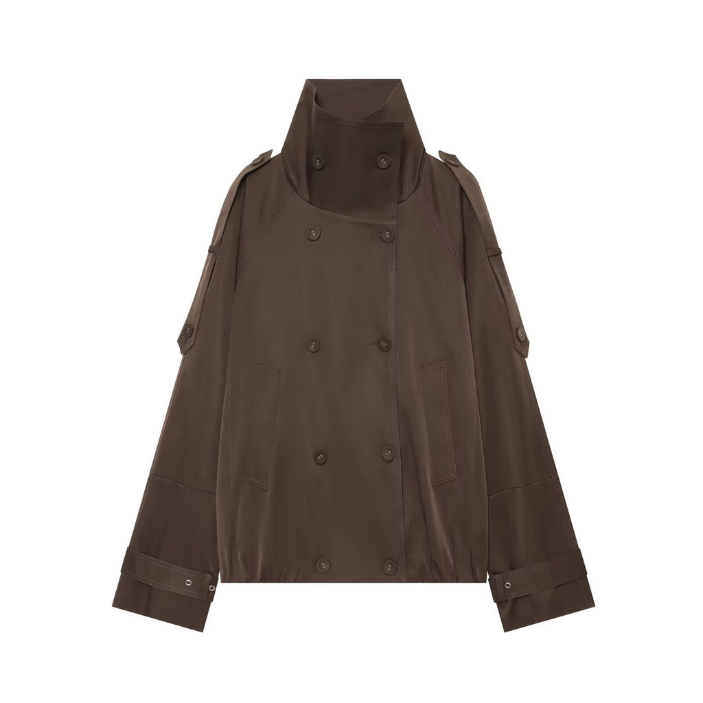 Women's Cape-like Short Double-breasted Trench Coat with High Stand Collar and Adjustable Cuffs Fashion Glam