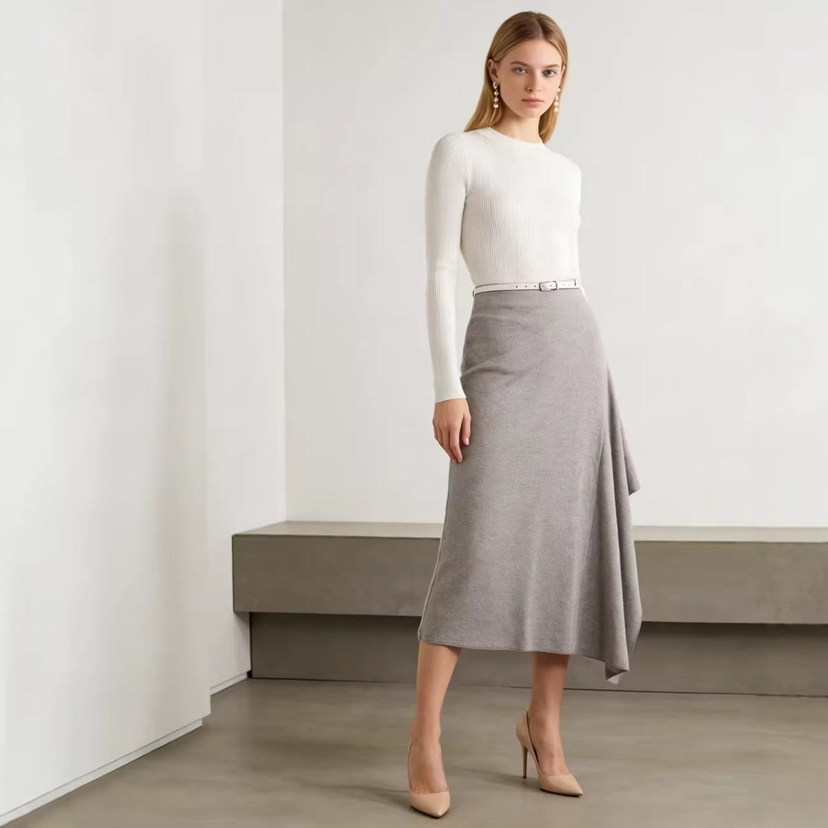 Women's Asymmetrical Midi Skirt made of Fine Knit with Draped Side Slit Fashion Glam