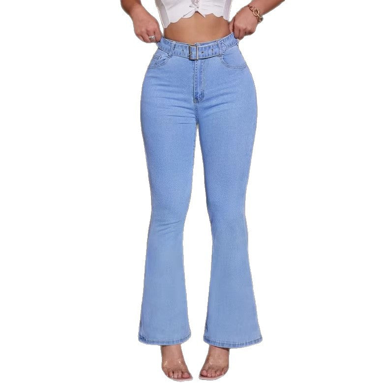Ladies high-waisted flared jeans with shaping comfort waistband and decorative belt Fashion Glam
