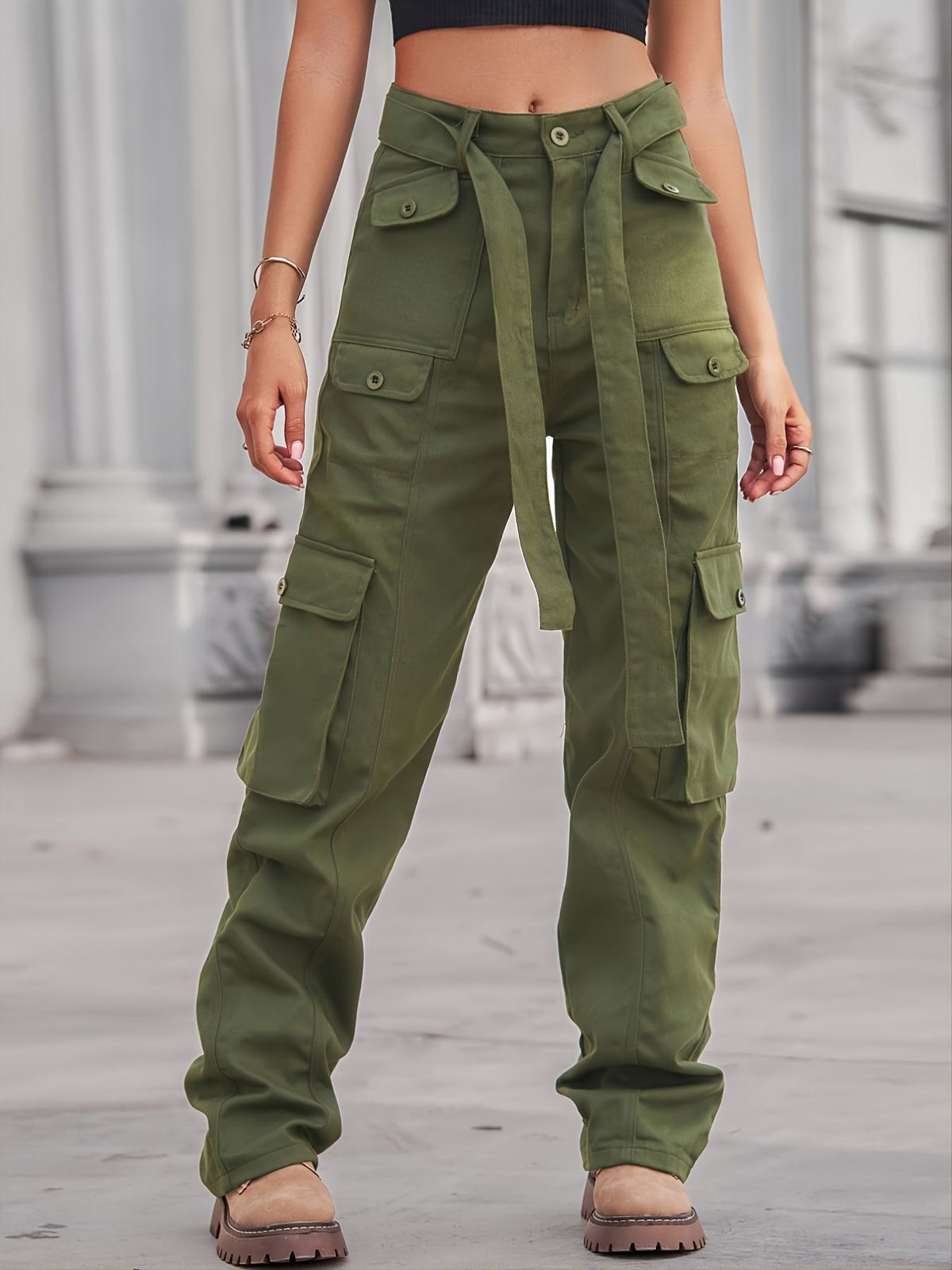 Ladies cargo pants with high waist, tie belt, and multiple flap pockets Fashion Glam