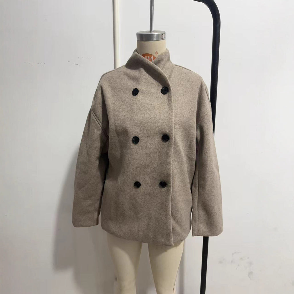 Women Short Double-Breasted Wool Blend Coat with Stand-Up Collar Fashion Glam