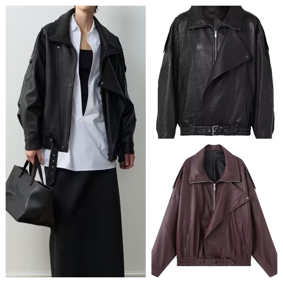 Ladies Oversize Faux Leather Biker Jacket with Asymmetrical Zipper, Belt and Elastic Waist Fashion Glam