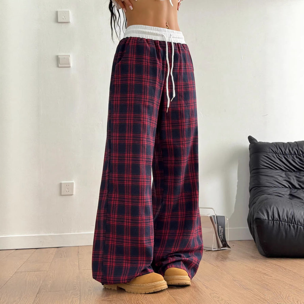 Women Checked Relaxed Pants with Wide Leg, Ribbed Waistband and Pockets Fashion Glam