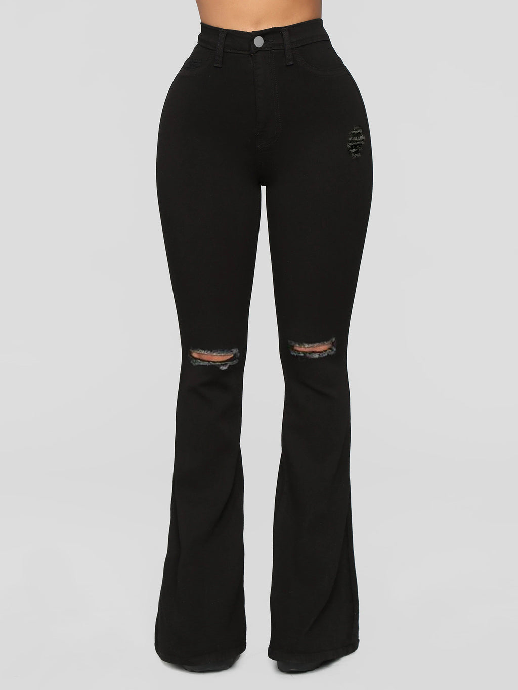 Ladies High-Waist Flared Jeans with Knee Rips and Sculpting Stretch Waistband Fashion Glam