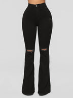 Ladies High-Waist Flared Jeans with Knee Rips and Sculpting Stretch Waistband Fashion Glam