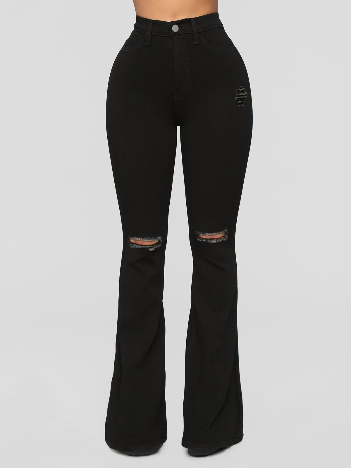 Ladies High-Waist Flared Jeans with Knee Rips and Sculpting Stretch Waistband Fashion Glam