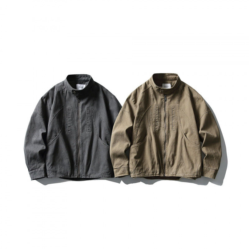 Men's Lightweight Worker Jacket made of Stonewashed Cotton Blend with Stand Collar Fashion Glam