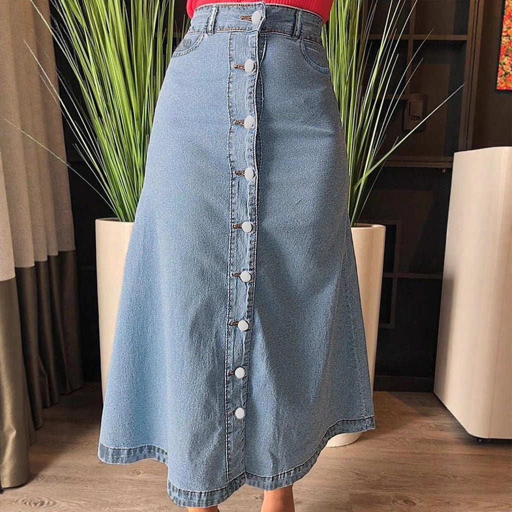 Ladies mid-length denim skirt with continuous button placket and high-waisted A-line cut Fashion Glam