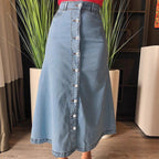 Ladies mid-length denim skirt with continuous button placket and high-waisted A-line cut Fashion Glam
