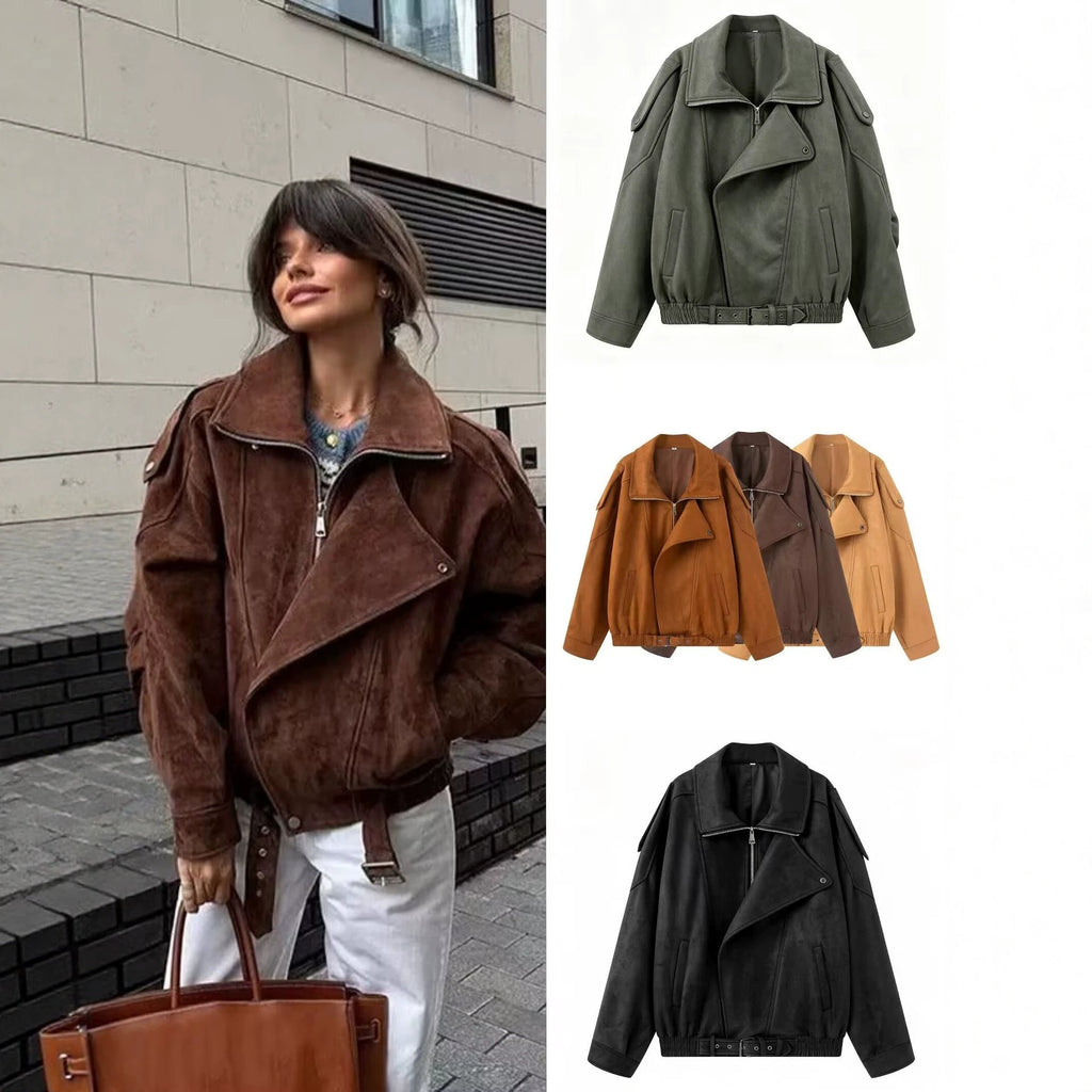 Women Oversize Bomber Jacket with Wide Lapel Collar, Waist Belt and Shoulder Epaulettes Fashion Glam