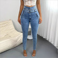 Women's High-Waisted Slim-Skinny Jeans with D-Ring Belt and Diagonal Slip Pockets Fashion Glam