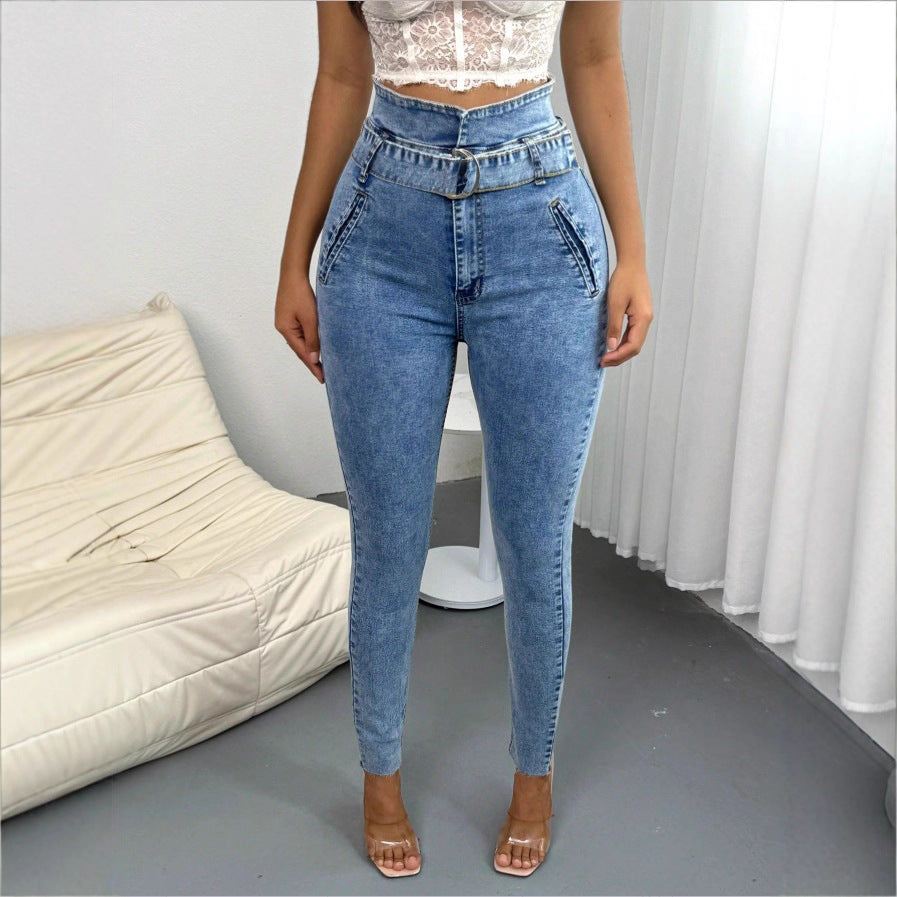 Women's High-Waisted Slim-Skinny Jeans with D-Ring Belt and Diagonal Slip Pockets Fashion Glam