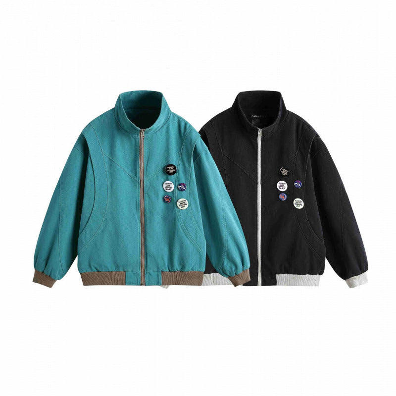 Unisex Boxige lightweight bomber jacket with stand-up collar, front zipper and badge applications Fashion Glam