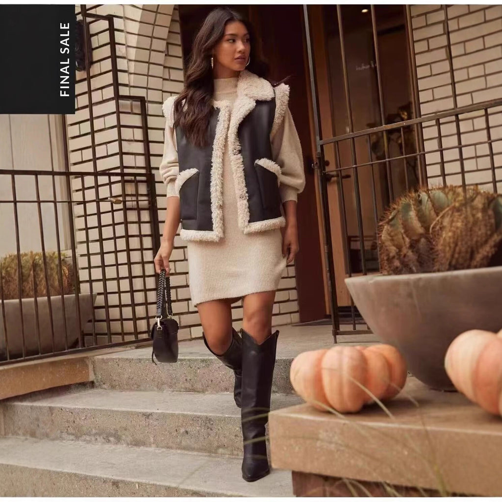 Women's Sleeveless Lambskin Look Vest with Notched Collar and Patch Pockets Fashion Glam