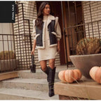 Women's Sleeveless Lambskin Look Vest with Notched Collar and Patch Pockets Fashion Glam