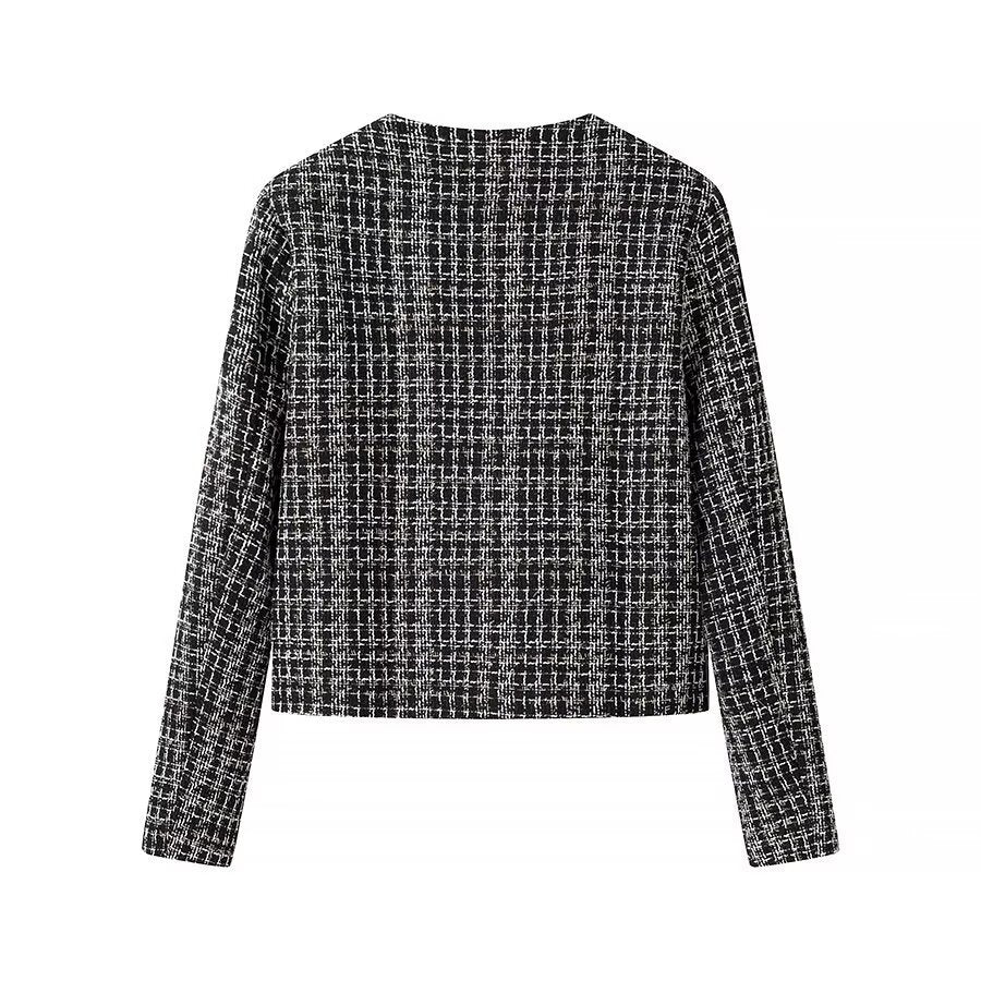 Women's Short Bouclé Tweed Jacket with Round Neckline and Decorative Buttons Fashion Glam
