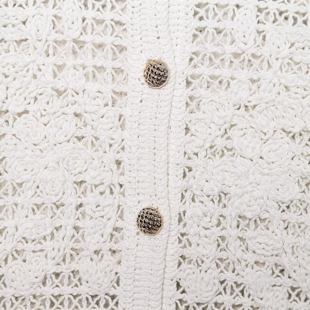 Women's Crocheted Short Jacket in Boucle Look with Decorative Buttons and Patch Pockets Fashion Glam