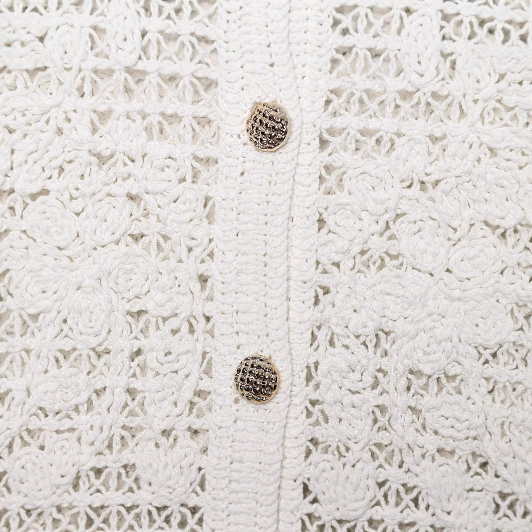 Women's Crocheted Short Jacket in Boucle Look with Decorative Buttons and Patch Pockets Fashion Glam