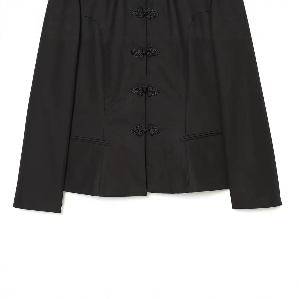 Women's jacket in Mandarin style with stand-up collar and decorative frog closures Fashion Glam