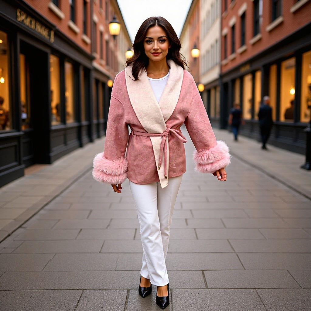 Women's short coat with shawl collar, tie belt and striking faux fur cuffs Fashion Glam