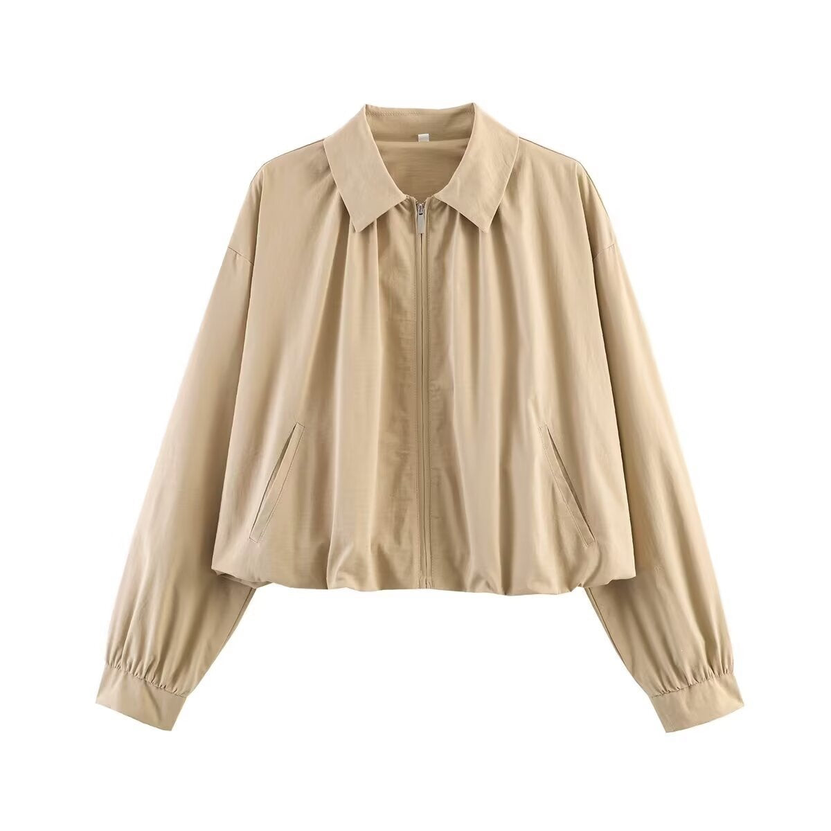 Women's Short Lightweight Oversized Blouson Jacket with Zipper and Folded Collar Fashion Glam