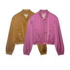 Women Cropped Satin Bomber Jacket with Zipper, Flap Pockets and Ribbed Cuffs Fashion Glam