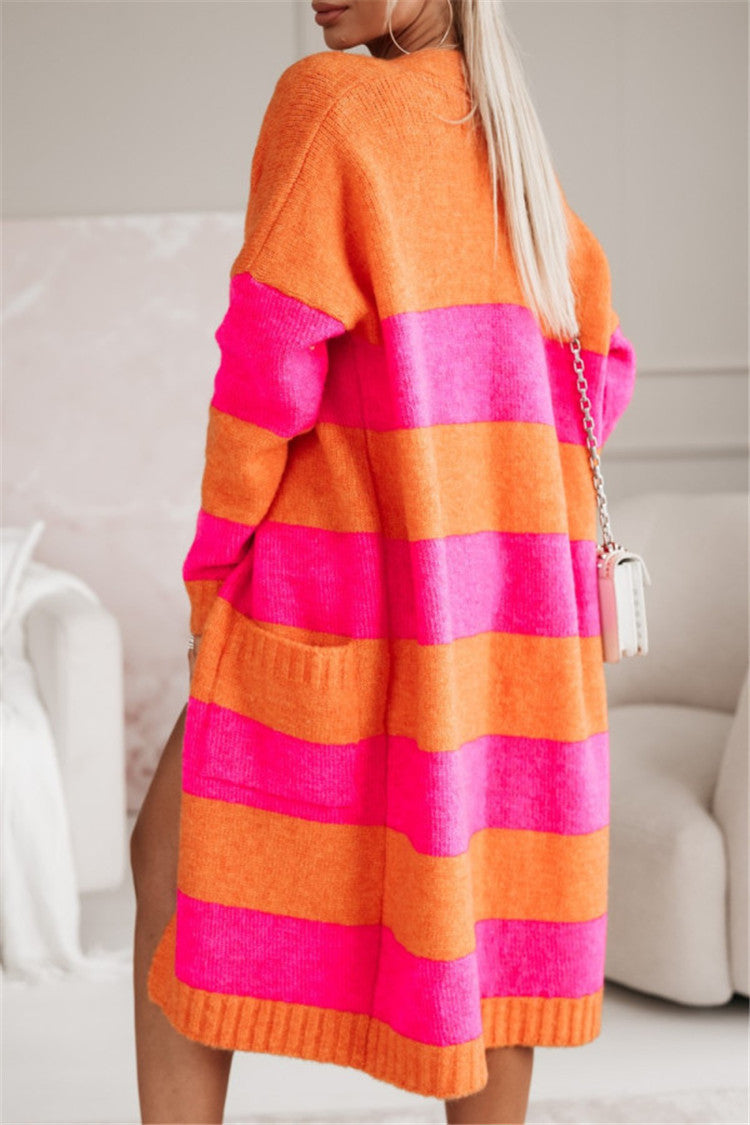 Women's casual knitted coat with large stripes Fashion Glam