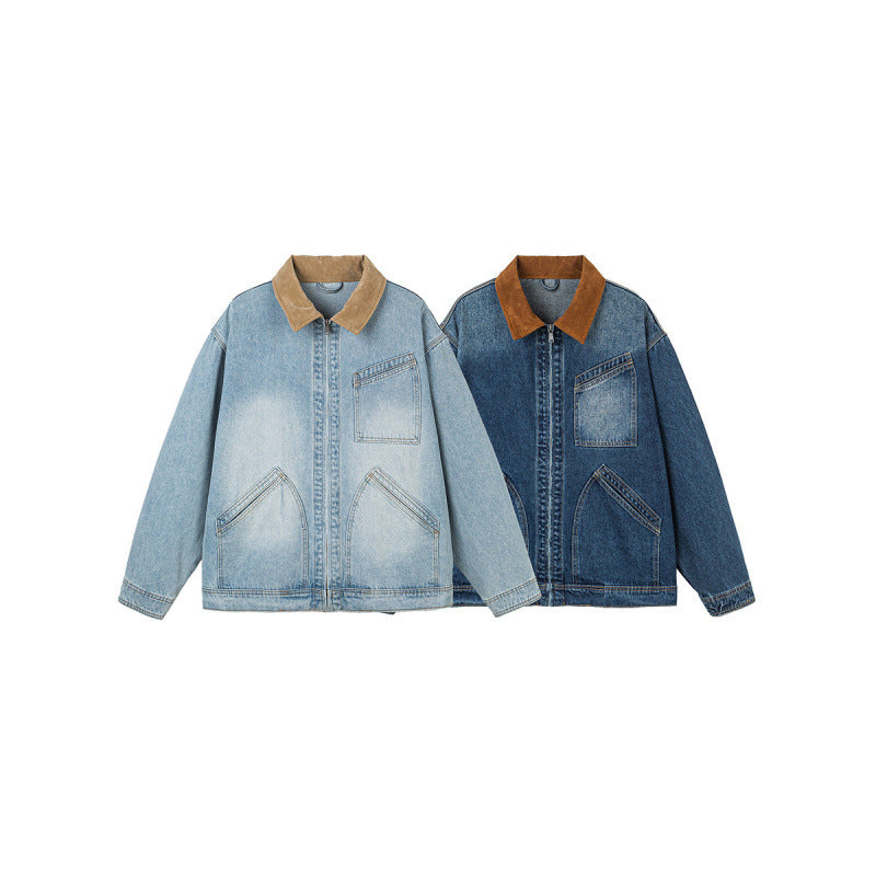 Men's Boxy Denim Jacket in Worker Style with Cord Collar and Front Zipper Fashion Glam