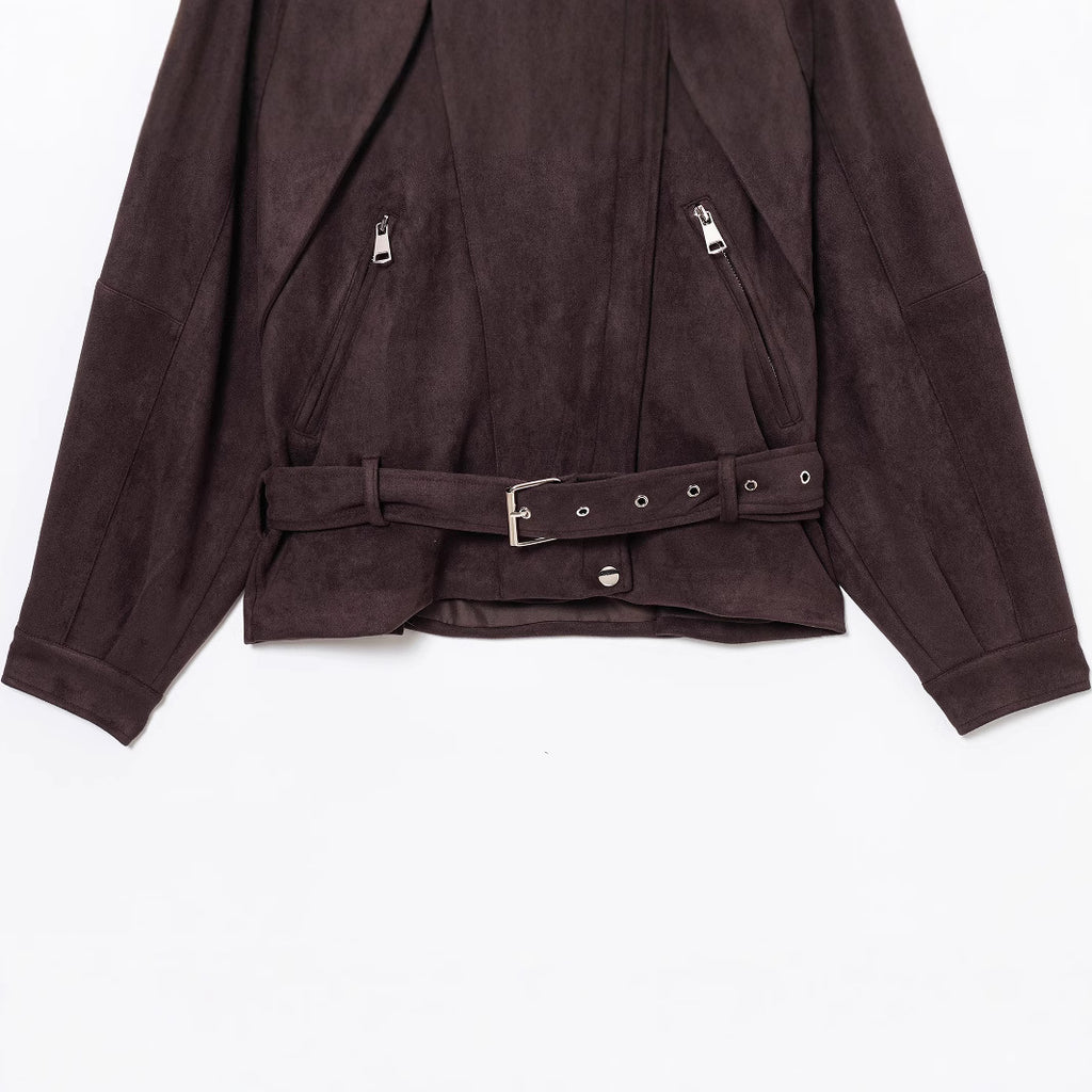 Women Short Suede Look Trench Coat with Waist Belt and Zipper Details Fashion Glam