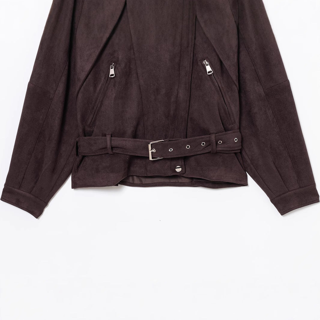 Women Short Suede Look Trench Coat with Waist Belt and Zipper Details Fashion Glam
