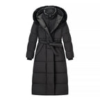 Women's Longer Quilted Down Coat with Hood, Faux Fur Trim and Waist Belt Fashion Glam