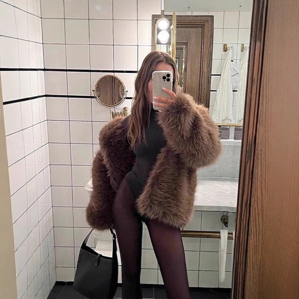 Ladies Short Boxy Faux-Fur Cardigan with Dense High Pile and Open Front Fashion Glam