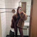 Ladies Short Boxy Faux-Fur Cardigan with Dense High Pile and Open Front Fashion Glam