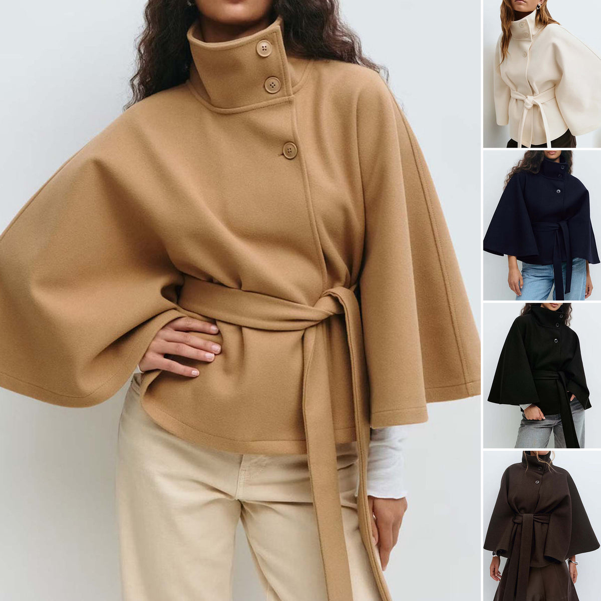Women's Short Cape Coat with Stand-Up Collar, Oversized Sleeves and Tie Belt Fashion Glam