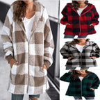 Women's Checked Teddy Fleece Coat with Hood and Zipper Fashion Glam