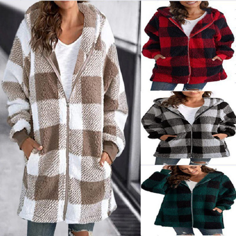 Women's Checked Teddy Fleece Coat with Hood and Zipper Fashion Glam