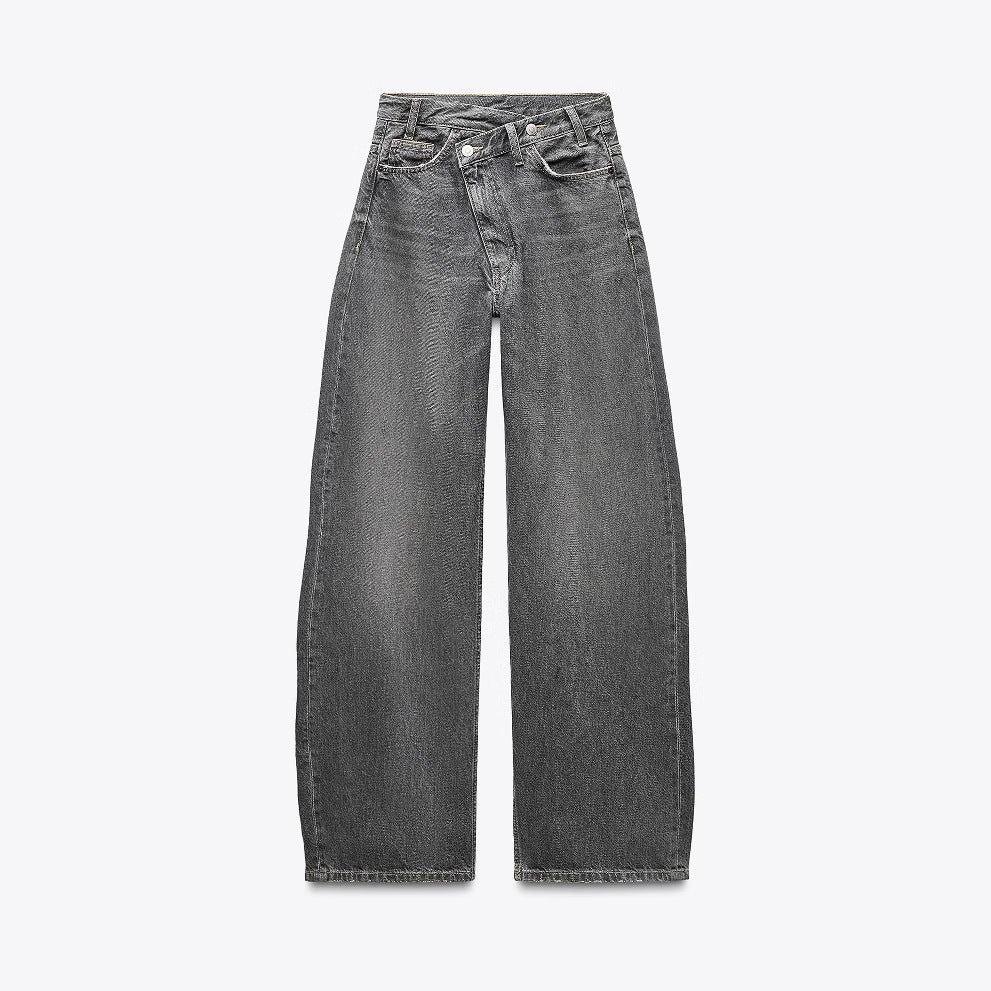 Women's high-waisted wide denim jeans with asymmetric waistband and culotte cut Fashion Glam