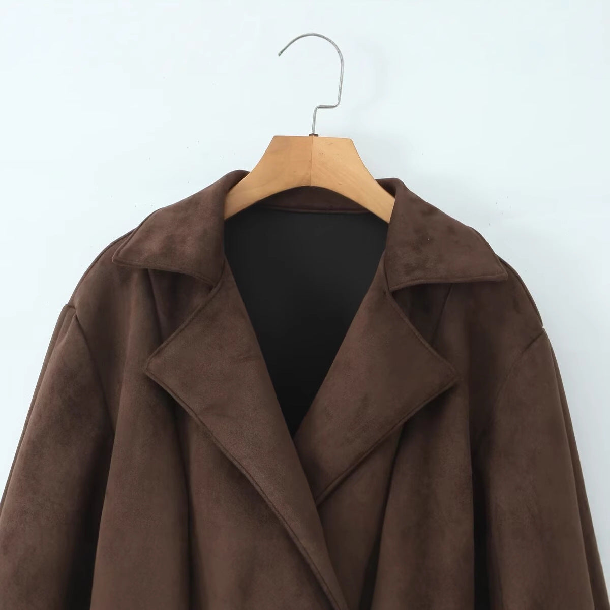 Women's Short Suede Look Jacket with Waist Belt and Lapel Collar Fashion Glam