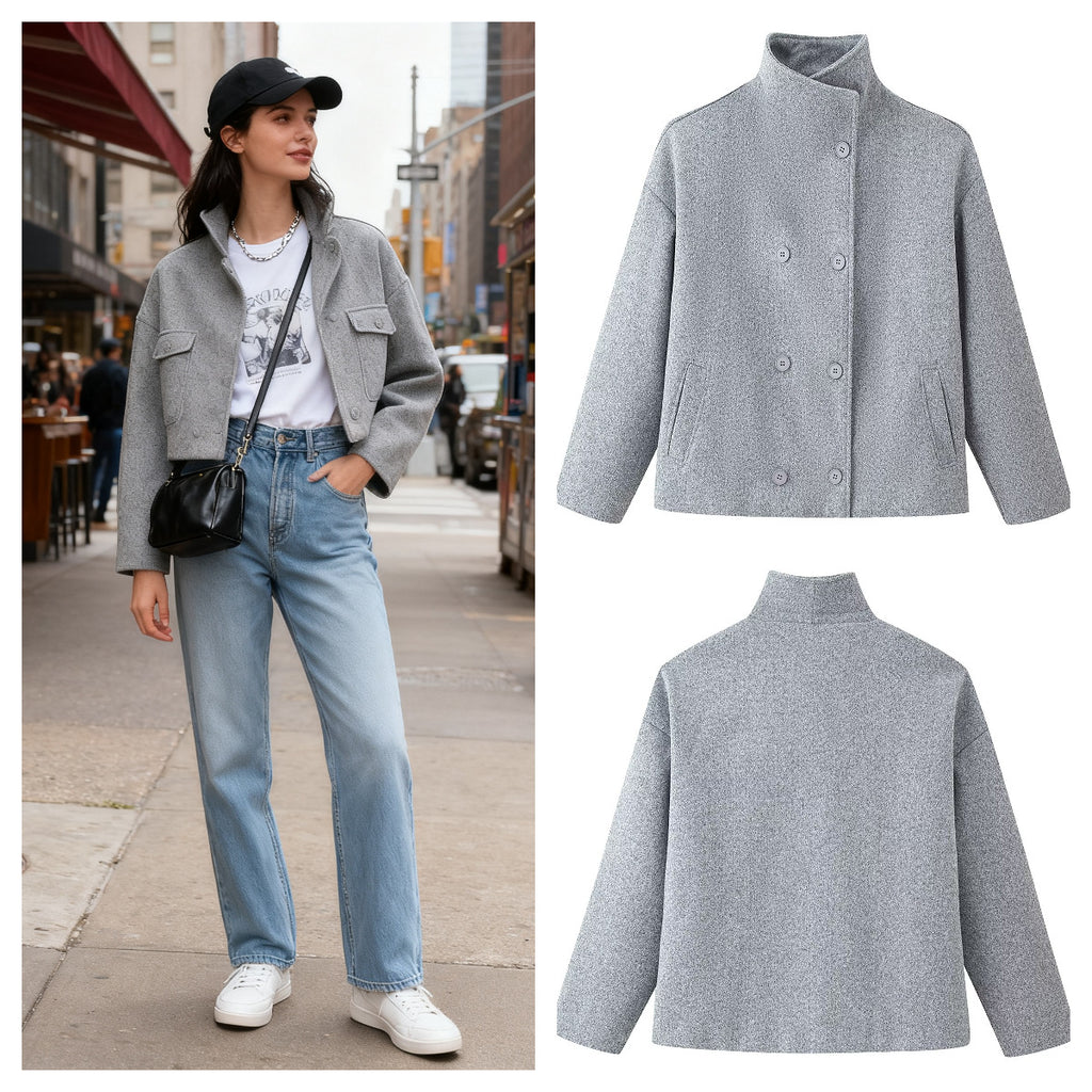 Women's Boxy Double-Breasted Short Coat made of Wool Blend with Stand-Up Collar Fashion Glam