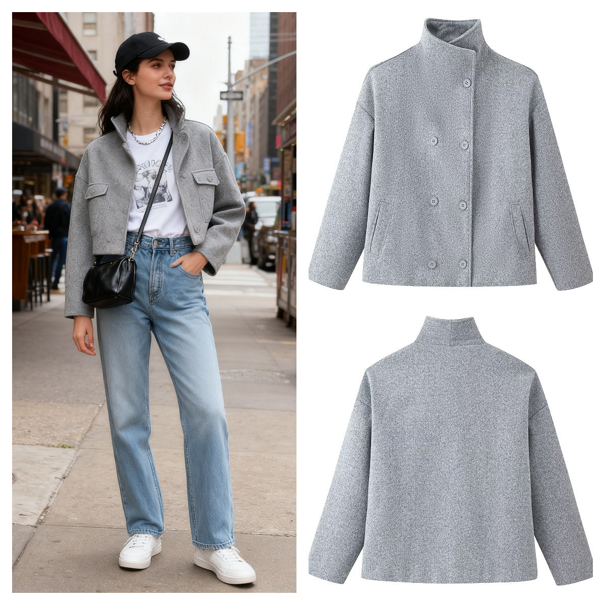 Women's Boxy Double-Breasted Short Coat made of Wool Blend with Stand-Up Collar Fashion Glam